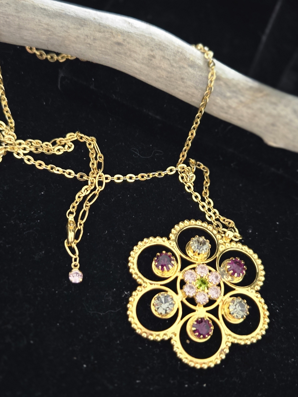 Gold Floral Multi-Rhinestone Pendant Necklace - Women Jewelry 24" Chain